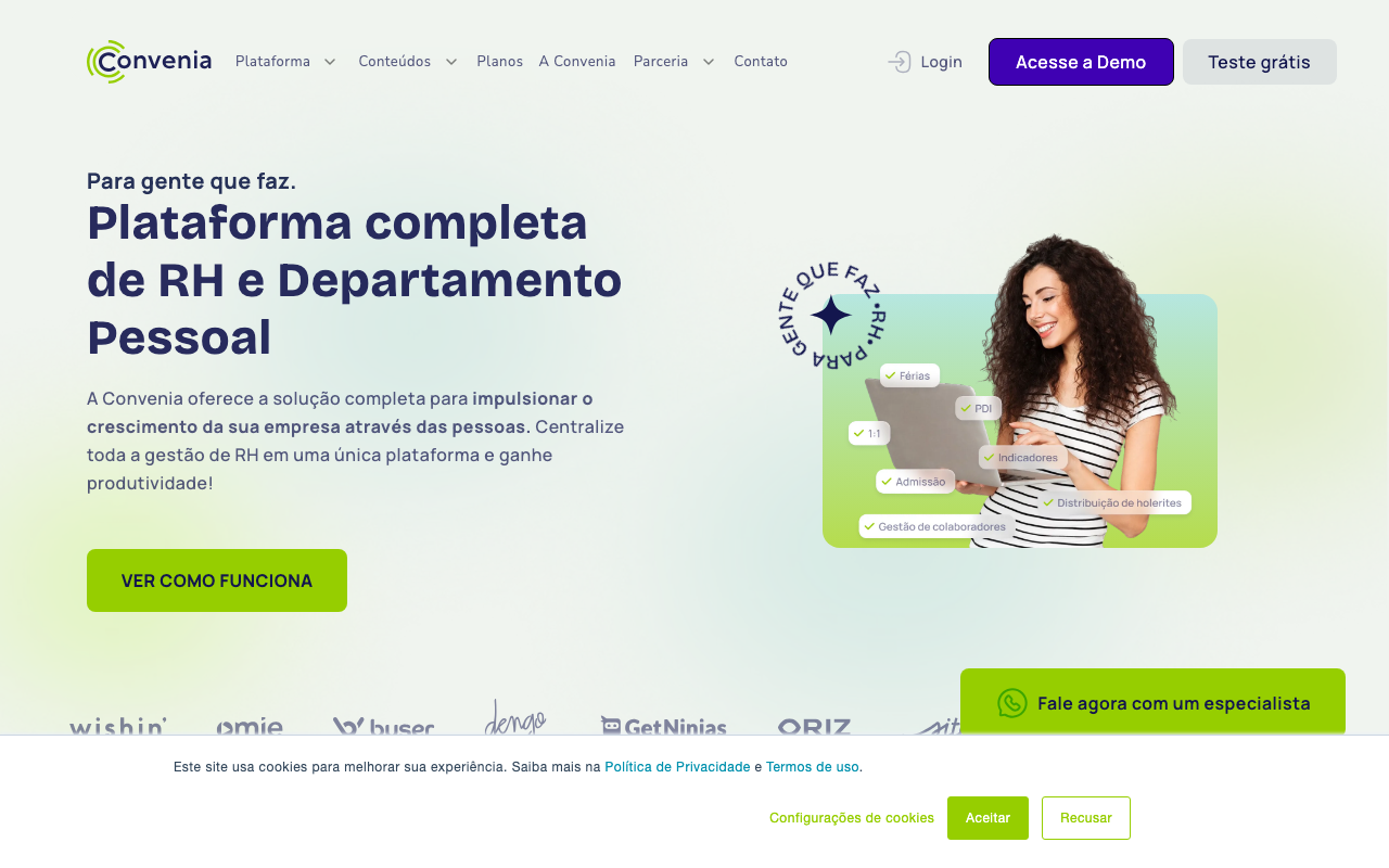 Página inicial da Convenia, sistema de RH e departamento pessoal