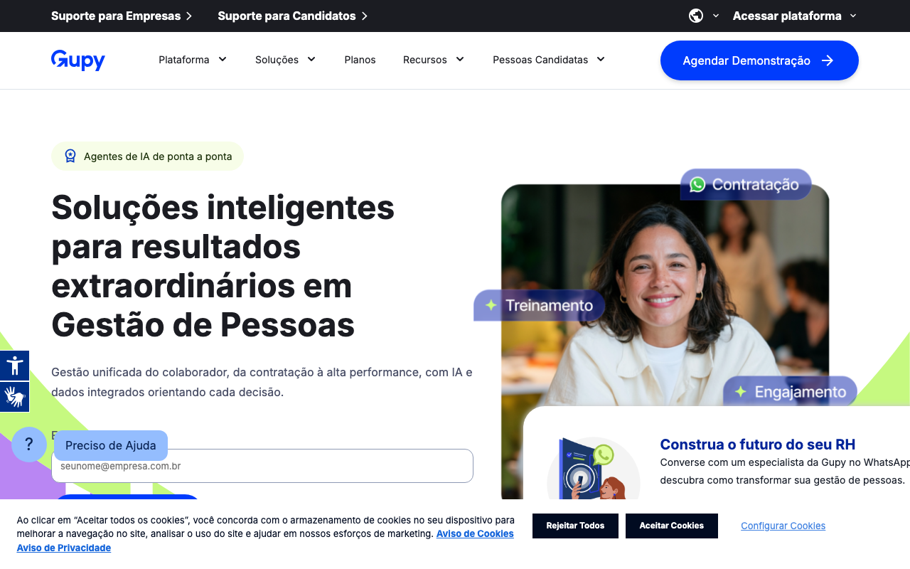 Página inicial da Gupy, com o menu da plataforma e o botão de agendar demonstração