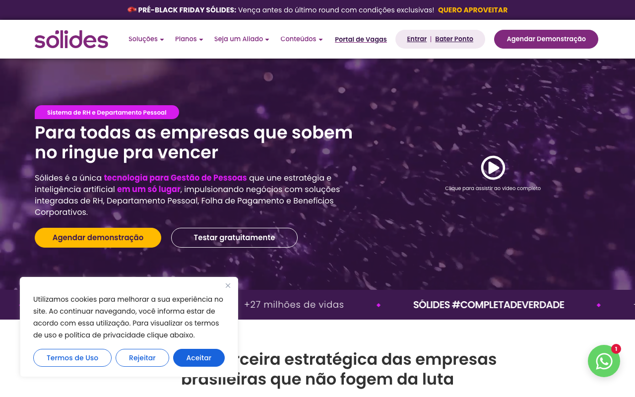 Página inicial da Sólides, com o menu de soluções, planos e o botão de agendar demonstração