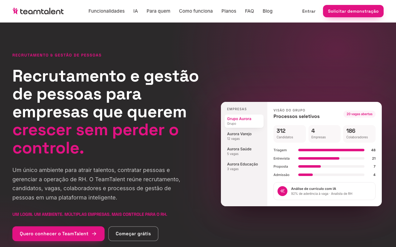Página inicial do TeamTalent, recrutamento e gestão de pessoas para empresas e grupos