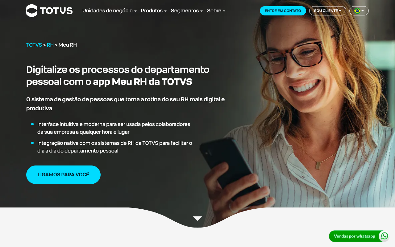 Página do TOTVS RH, com o app Meu RH para o colaborador consultar ponto, férias e holerite