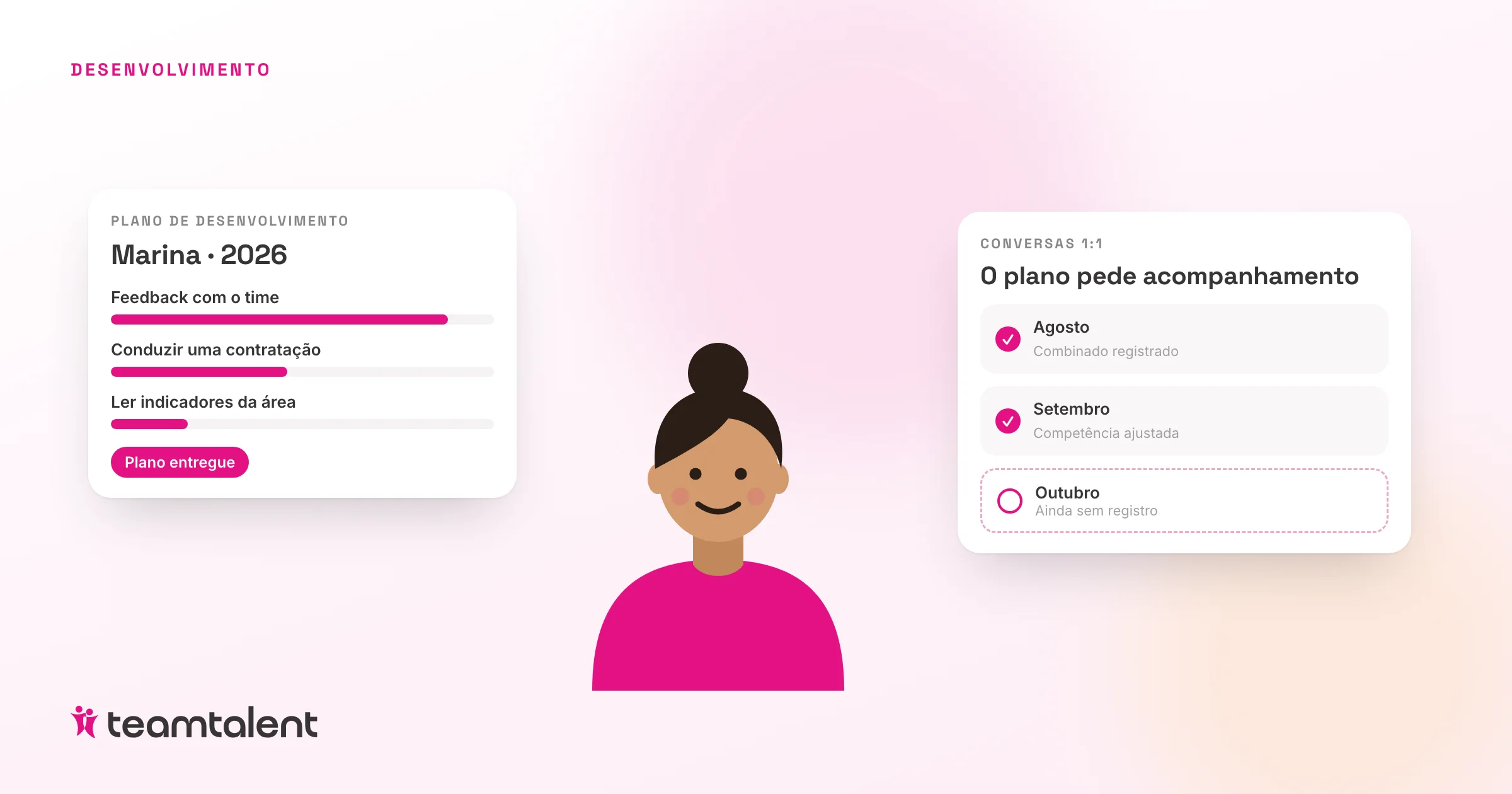 Ilustração de um plano de desenvolvimento preenchido ao lado de uma conversa 1:1 ainda sem registro